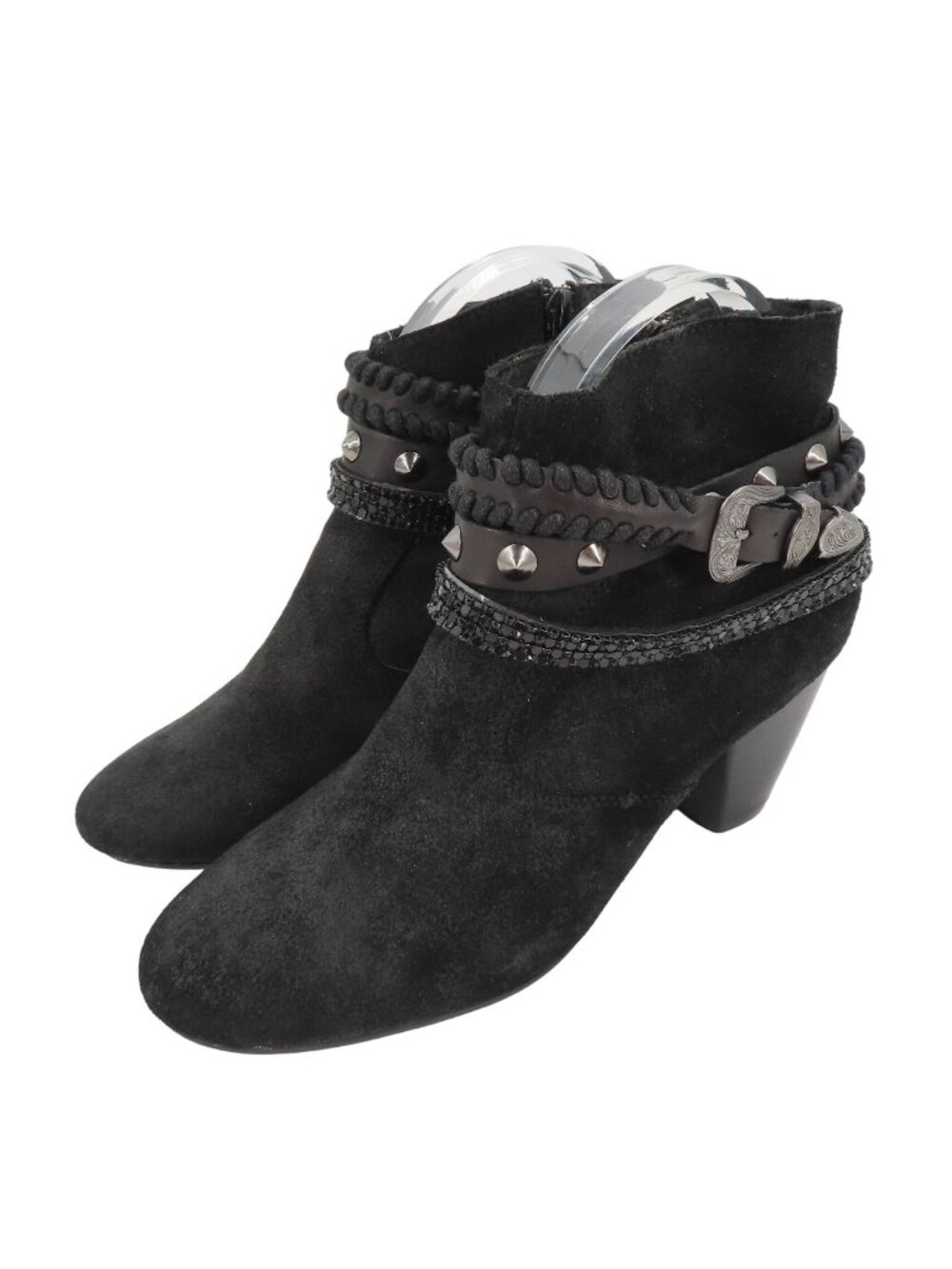 Aldo Women 8 Black Suede Leather Buckle Stud Strap Western Cowboy Ankle Boots